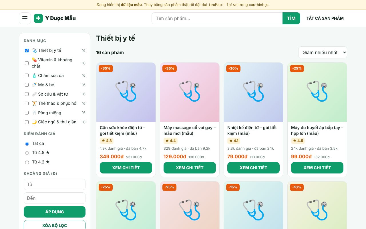 Catalog: filter by category, rating and price range; six sort orders; infinite scroll