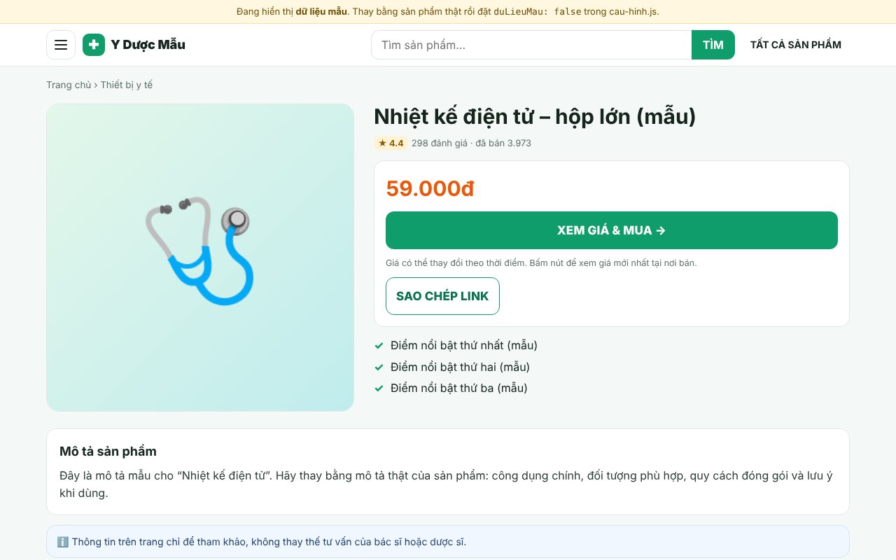 Product page: price, buy button to your link, copy link, related products
