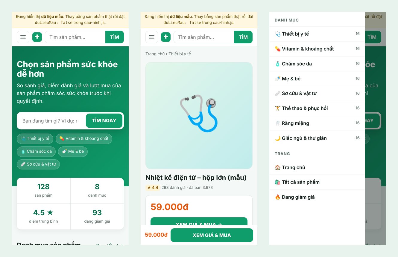 On phones: home page, sticky buy bar, slide-out menu